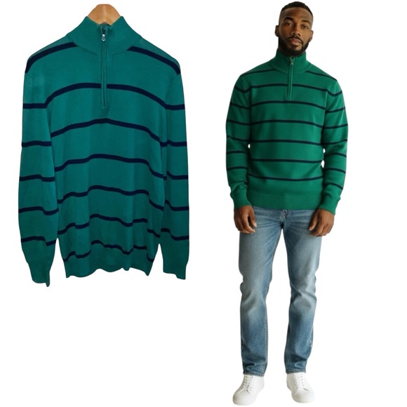 Old Navy 1/4 Zip Green Striped Mock Neck Lightweight Sweater - Men’s Large - Picture 1 of 12